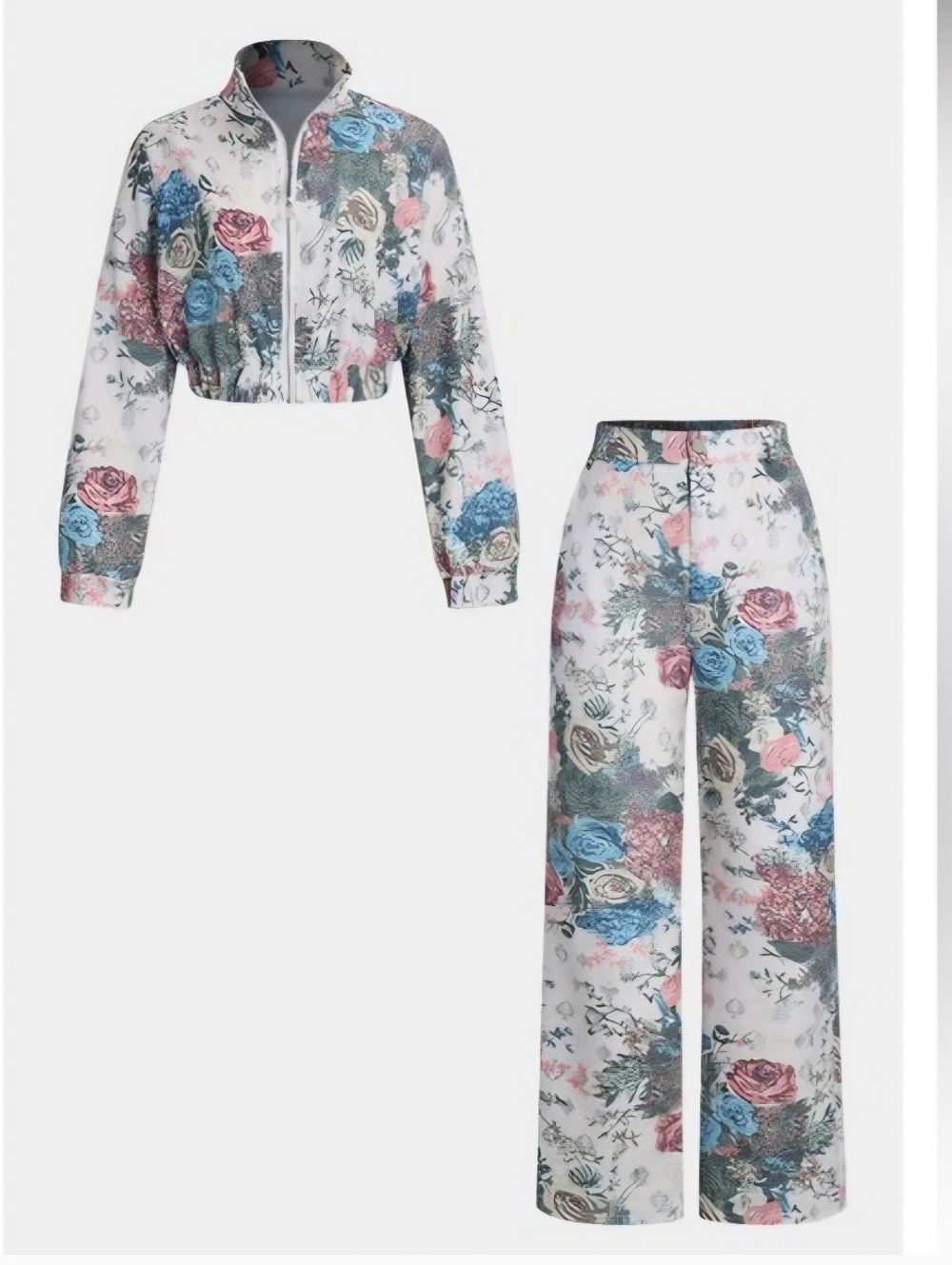 Floral Pastel Print Two-Piece Crop Jacket and Wide-Leg Pants Set